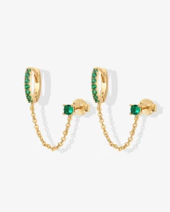 PAVOI Chain Earrings|Dangle & Threader-Chained Huggie Hoop with Green CZ Stud