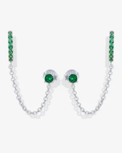 PAVOI Chain Earrings|Dangle & Threader-Chained Huggie Hoop with Green CZ Stud