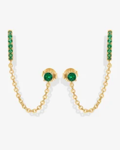 PAVOI Chain Earrings|Dangle & Threader-Chained Huggie Hoop with Green CZ Stud