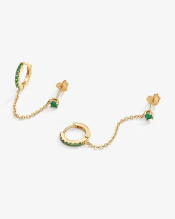 PAVOI Chain Earrings|Dangle & Threader-Chained Huggie Hoop with Green CZ Stud