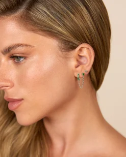 PAVOI Chain Earrings|Dangle & Threader-Chained Huggie Hoop with Green CZ Stud