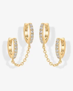 PAVOI Chain Earrings|Dangle & Threader-Double Hoop CZ Chained Huggie Hoop