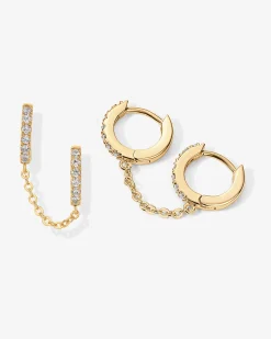 PAVOI Chain Earrings|Dangle & Threader-Double Hoop CZ Chained Huggie Hoop